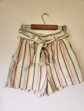 Kismet Pastel Striped 100% Cotton Gauze Paperbag Waist Shorts Tie Belt Size M